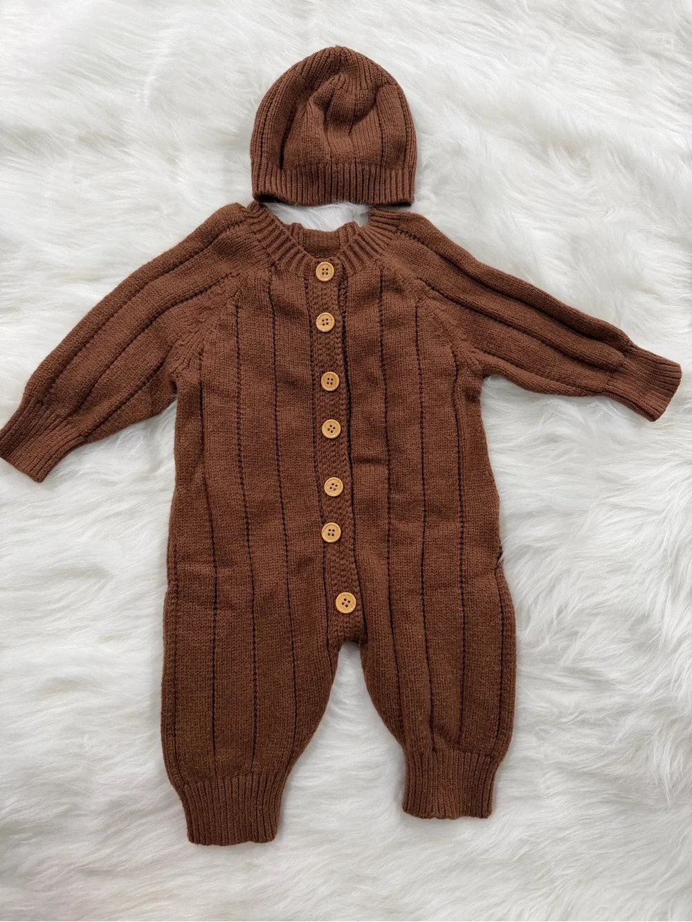 SHEIN Brown Knit Baby Footie with Matching Hat
